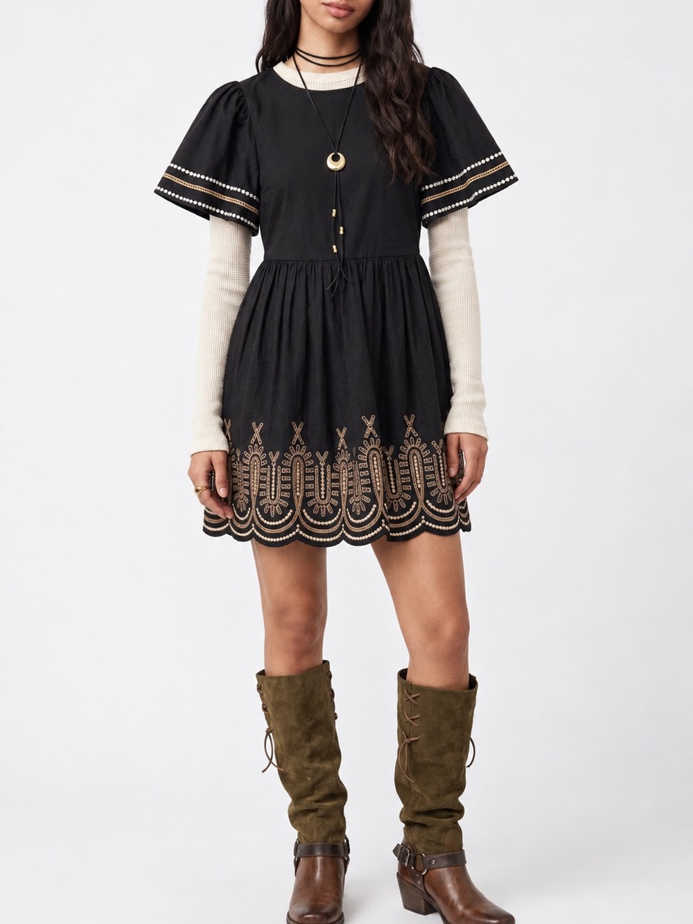 Madewell Black Eyelet Embroidered Flutter Sleeve Babydoll Dress Size XXS Aztec